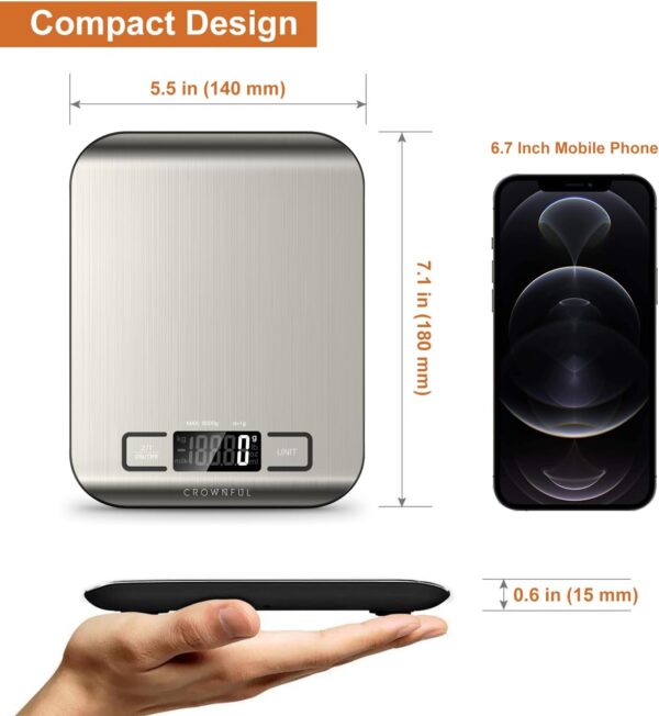 CROWNFUL Food Scale, 11 lb Digital Kitchen Scales with Built-in Coin Battery, Weight Ounces and Grams for Cooking and Baking, 6 Units with Tare Function, LCD Display, 304 Stainless Steel - Image 8