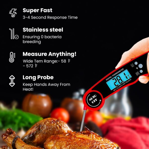 Meat Thermometer - Instant Read Digital Cooking Thermometer for Grilling & BBQ, IP67 Waterproof, LED Backlight, Auto Shut Off, 4.7 Inch 180° Foldable Probe, Built-in Bottle Opener & Fridge Magnet - Image 6