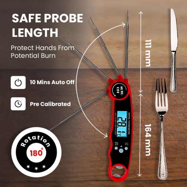 Meat Thermometer - Instant Read Digital Cooking Thermometer for Grilling & BBQ, IP67 Waterproof, LED Backlight, Auto Shut Off, 4.7 Inch 180° Foldable Probe, Built-in Bottle Opener & Fridge Magnet - Image 3