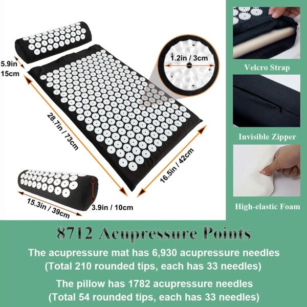XiaoMaGe Acupressure Mat and Pillow Set with Bag - Large Size 28.7 X 16.5 inch Acupuncture Mat for Neck & Back Pain, Muscle Relaxation Stress Relief, Sciatica Pain Relief Pillow (Black) - Image 3
