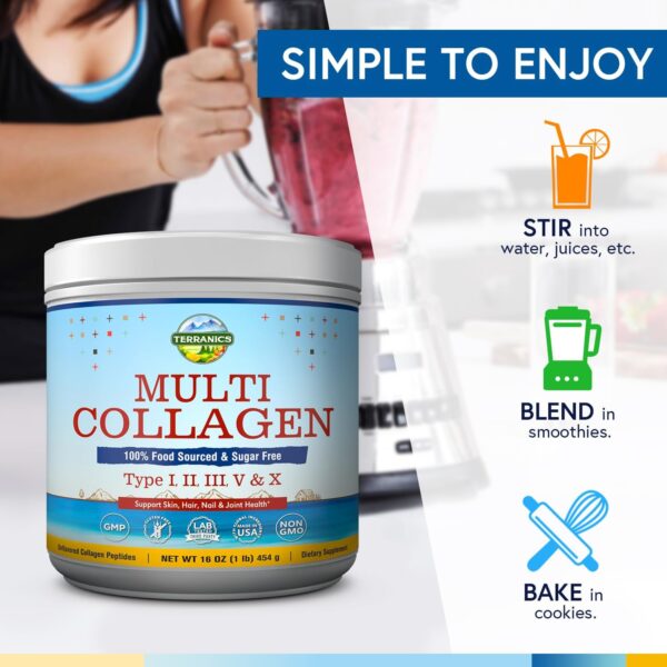 Terranics Multi Collagen Peptides Powder, Type I II III V X Hydrolyzed Collagen for Women+Men, Collagen Supplements for Skin Nail Hair & Joint, Fast Dissolve, Unflavored Colageno, No Sugar, Keto, 16oz - Image 8