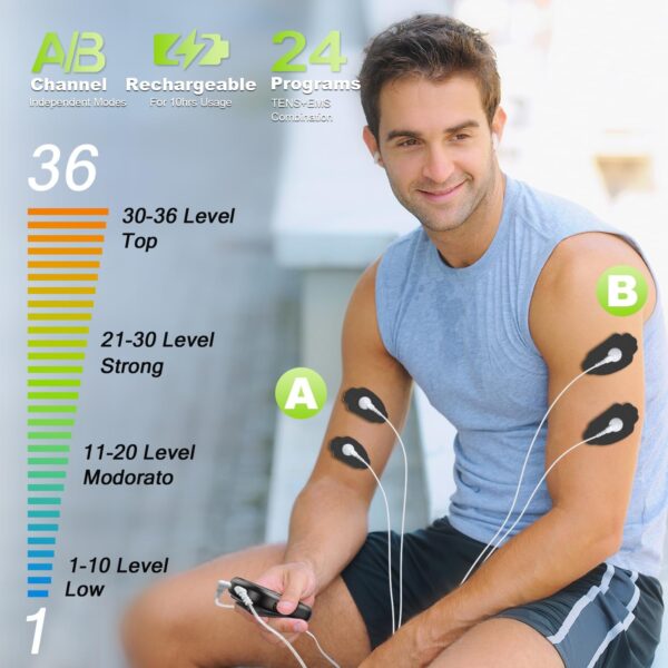 Dual Channel TENS EMS Unit 24 Modes 36 Levels, Upgraded Large Screen Intensity Muscle Stimulator for Back Neck Shoulder Pain Relief, Rechargeable Electric Pulse Massager TENS Machine with 10 Pads - Image 3