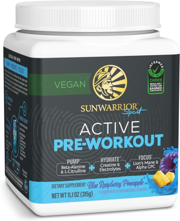 Sunwarrior Pre Workout Powder Energy Drink Vegan Plant-Based Supplement Pump, Hydrate, Focus, Endurance, & Strength Builder Blue Raspberry Pineapple Flavored 30 Servings Active Preworkout - Image 2