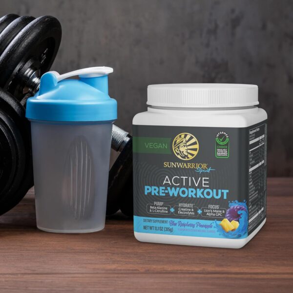 Sunwarrior Pre Workout Powder Energy Drink Vegan Plant-Based Supplement Pump, Hydrate, Focus, Endurance, & Strength Builder Blue Raspberry Pineapple Flavored 30 Servings Active Preworkout - Image 8