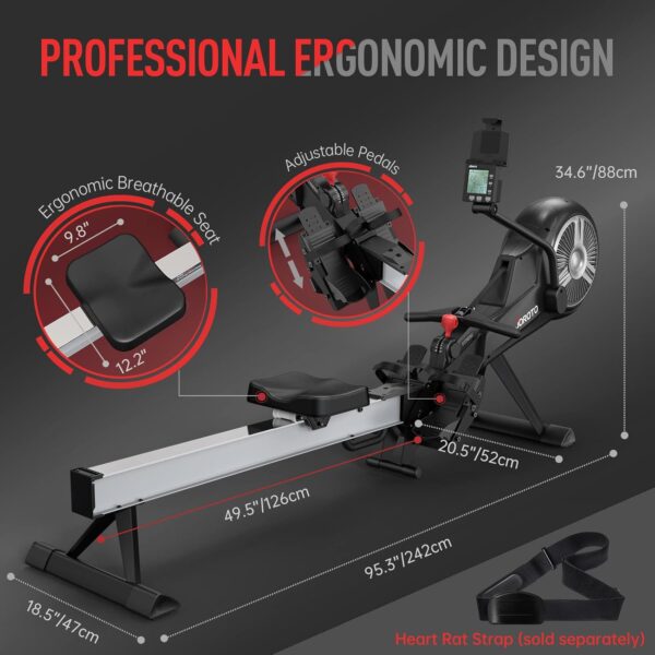 JOROTO Rowing Machine, Air Magnetic Foldable Rowing Machines for Home Use, Rower Machine with 49.5" Rail, Backlit Monitor, Bluetooth, App Supported, Tablet Holder - Image 7