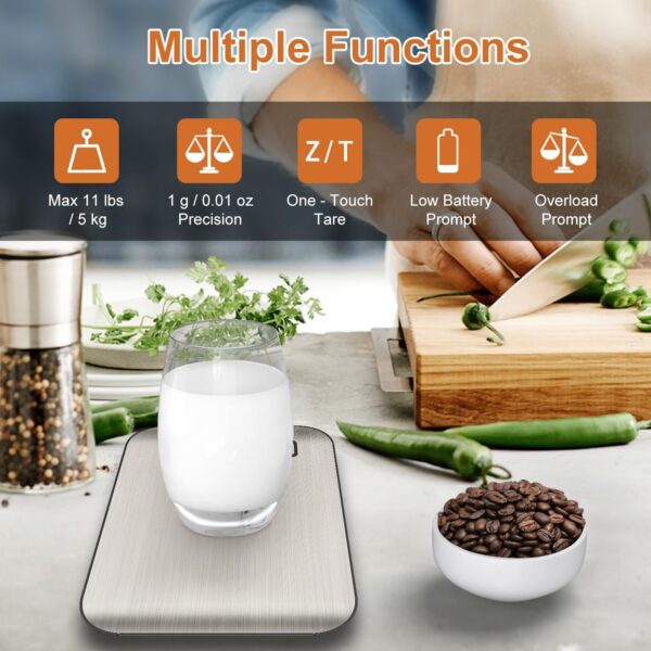 CROWNFUL Food Scale, 11 lb Digital Kitchen Scales with Built-in Coin Battery, Weight Ounces and Grams for Cooking and Baking, 6 Units with Tare Function, LCD Display, 304 Stainless Steel - Image 4