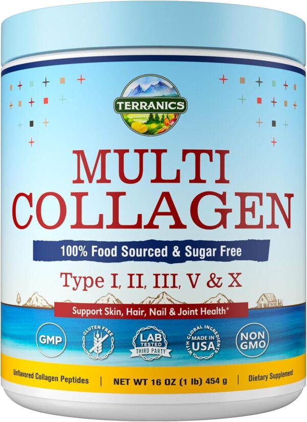 Terranics Multi Collagen Peptides Powder, Type I II III V X Hydrolyzed Collagen for Women+Men, Collagen Supplements for Skin Nail Hair & Joint, Fast Dissolve, Unflavored Colageno, No Sugar, Keto, 16oz - Image 2