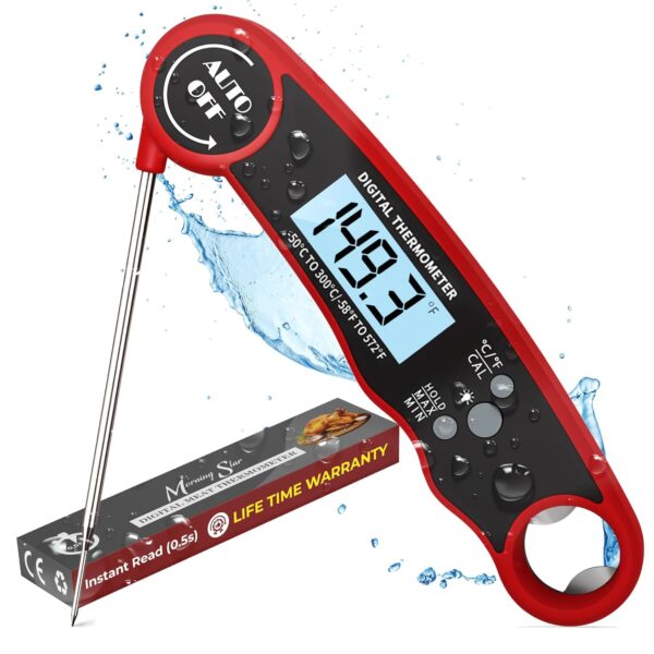 Meat Thermometer - Instant Read Digital Cooking Thermometer for Grilling & BBQ, IP67 Waterproof, LED Backlight, Auto Shut Off, 4.7 Inch 180° Foldable Probe, Built-in Bottle Opener & Fridge Magnet - Image 2