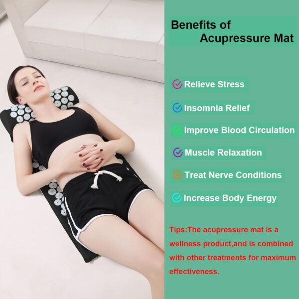 XiaoMaGe Acupressure Mat and Pillow Set with Bag - Large Size 28.7 X 16.5 inch Acupuncture Mat for Neck & Back Pain, Muscle Relaxation Stress Relief, Sciatica Pain Relief Pillow (Black) - Image 4