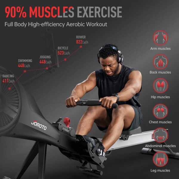 JOROTO Rowing Machine, Air Magnetic Foldable Rowing Machines for Home Use, Rower Machine with 49.5" Rail, Backlit Monitor, Bluetooth, App Supported, Tablet Holder - Image 9