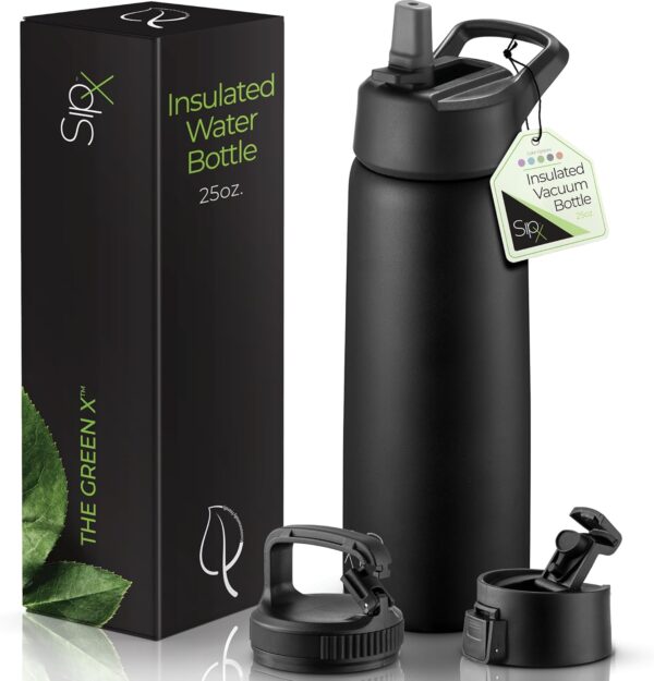 SipX™ Triple-Insulated Stainless Steel Water Bottle 25oz. With 3 Lids, BPA-Free Reusable Insulated Water Bottle Keeps Cold 24 Hours, Metal Water Bottle Made Of Sustainable Material For Hiking & Biking - Image 2