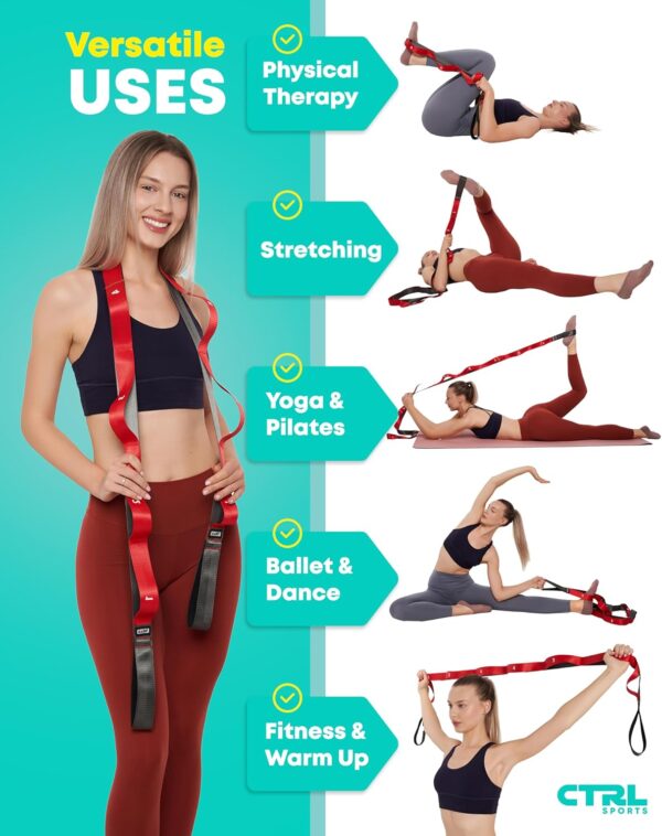 Stretching Strap with Loops - Non Elastic Stretch Band for Physical Therapy, Yoga Strap for Stretching Equipment, Stretch Bands for Exercise and Flexibility - Fascia, Hamstring & Leg Stretcher Belt - Image 5