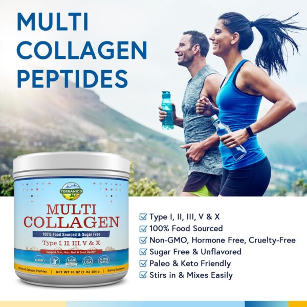 Terranics Multi Collagen Peptides Powder, Type I II III V X Hydrolyzed Collagen for Women+Men, Collagen Supplements for Skin Nail Hair & Joint, Fast Dissolve, Unflavored Colageno, No Sugar, Keto, 16oz - Image 4