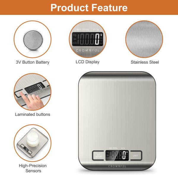 CROWNFUL Food Scale, 11 lb Digital Kitchen Scales with Built-in Coin Battery, Weight Ounces and Grams for Cooking and Baking, 6 Units with Tare Function, LCD Display, 304 Stainless Steel - Image 5