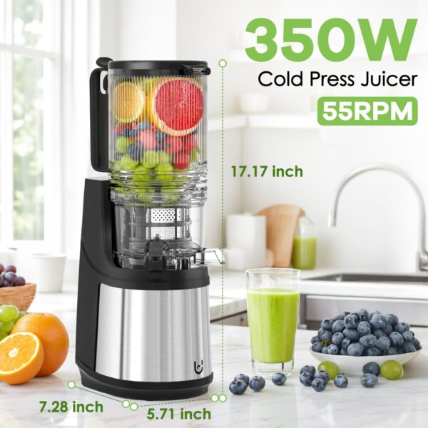 Masticating Juicer Machines, 5.8" Inch Feeding Chute Supports Whole Fruits and Vegetables，350W Slow Cold Press Juicer，Easy to Clean,Gray-Stainless Steel - Image 6