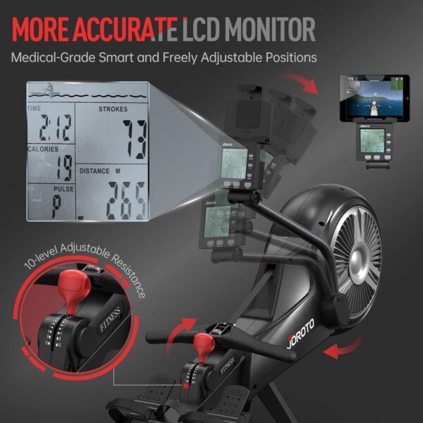 JOROTO Rowing Machine, Air Magnetic Foldable Rowing Machines for Home Use, Rower Machine with 49.5" Rail, Backlit Monitor, Bluetooth, App Supported, Tablet Holder - Image 5