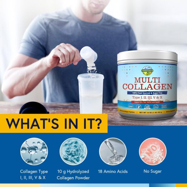 Terranics Multi Collagen Peptides Powder, Type I II III V X Hydrolyzed Collagen for Women+Men, Collagen Supplements for Skin Nail Hair & Joint, Fast Dissolve, Unflavored Colageno, No Sugar, Keto, 16oz - Image 5