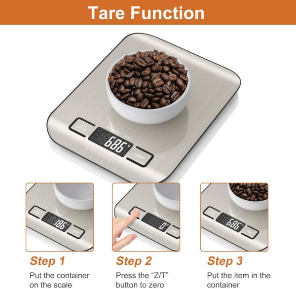 CROWNFUL Food Scale, 11 lb Digital Kitchen Scales with Built-in Coin Battery, Weight Ounces and Grams for Cooking and Baking, 6 Units with Tare Function, LCD Display, 304 Stainless Steel - Image 6