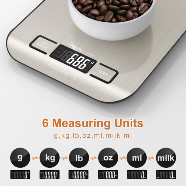 CROWNFUL Food Scale, 11 lb Digital Kitchen Scales with Built-in Coin Battery, Weight Ounces and Grams for Cooking and Baking, 6 Units with Tare Function, LCD Display, 304 Stainless Steel - Image 3