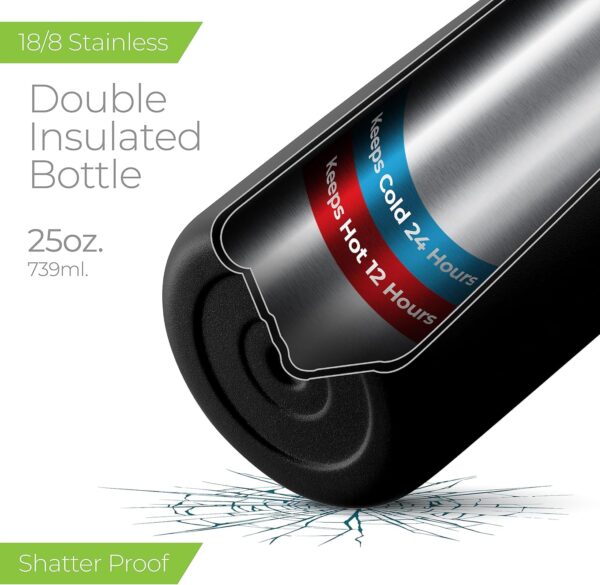 SipX™ Triple-Insulated Stainless Steel Water Bottle 25oz. With 3 Lids, BPA-Free Reusable Insulated Water Bottle Keeps Cold 24 Hours, Metal Water Bottle Made Of Sustainable Material For Hiking & Biking - Image 4