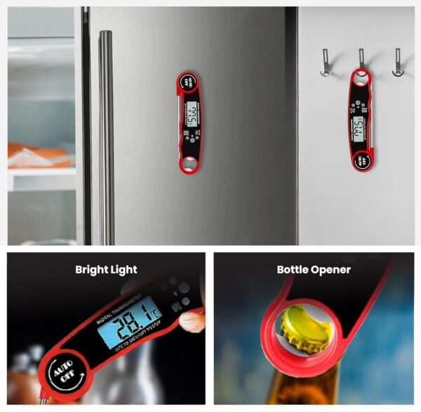Meat Thermometer - Instant Read Digital Cooking Thermometer for Grilling & BBQ, IP67 Waterproof, LED Backlight, Auto Shut Off, 4.7 Inch 180° Foldable Probe, Built-in Bottle Opener & Fridge Magnet - Image 9