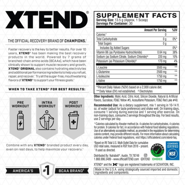 XTEND Original BCAA Powder 7g BCAA and 2.5g L-Glutamine, Sugar Free Post Workout Muscle Recovery Drink with Amino Acids for Men & Women, 30 Servings - Image 3
