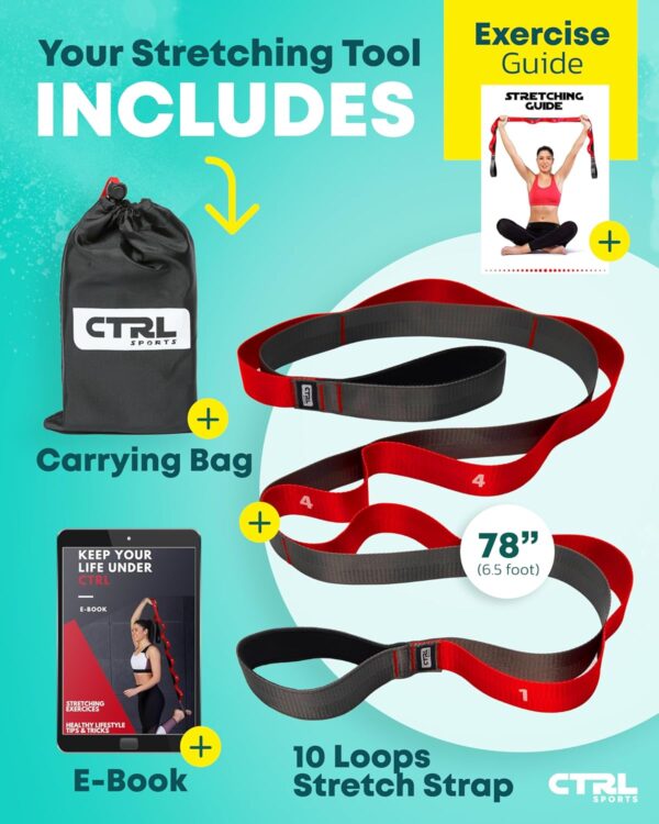 Stretching Strap with Loops - Non Elastic Stretch Band for Physical Therapy, Yoga Strap for Stretching Equipment, Stretch Bands for Exercise and Flexibility - Fascia, Hamstring & Leg Stretcher Belt - Image 3