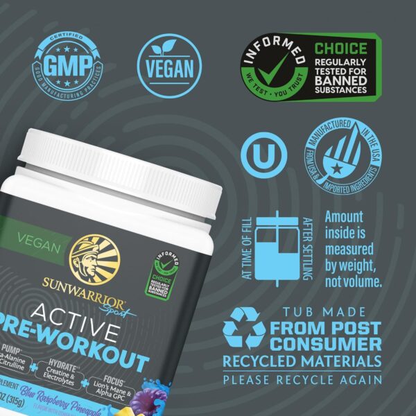Sunwarrior Pre Workout Powder Energy Drink Vegan Plant-Based Supplement Pump, Hydrate, Focus, Endurance, & Strength Builder Blue Raspberry Pineapple Flavored 30 Servings Active Preworkout - Image 4