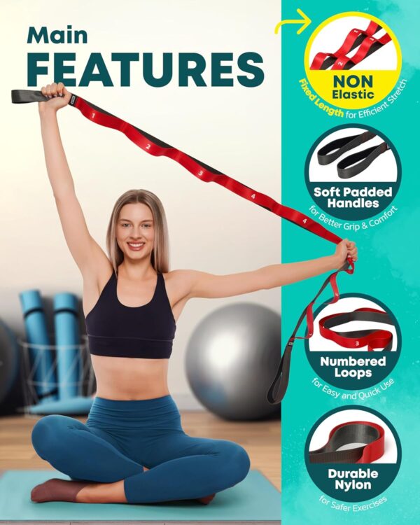 Stretching Strap with Loops - Non Elastic Stretch Band for Physical Therapy, Yoga Strap for Stretching Equipment, Stretch Bands for Exercise and Flexibility - Fascia, Hamstring & Leg Stretcher Belt - Image 4