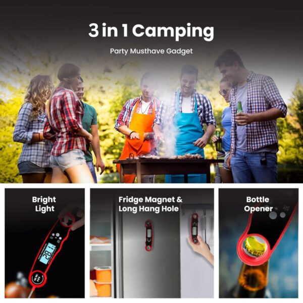 Meat Thermometer - Instant Read Digital Cooking Thermometer for Grilling & BBQ, IP67 Waterproof, LED Backlight, Auto Shut Off, 4.7 Inch 180° Foldable Probe, Built-in Bottle Opener & Fridge Magnet - Image 8