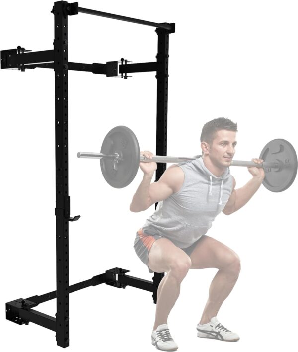 PRx Performance Wall Mounted Folding Power Squat Rack - Heavy Duty Adjustable Pull Up Bar, Space Saving Home Gym Equipment with Durable J-Cups, Ideal for Weight Lifting and Strength Training - Black - Image 2