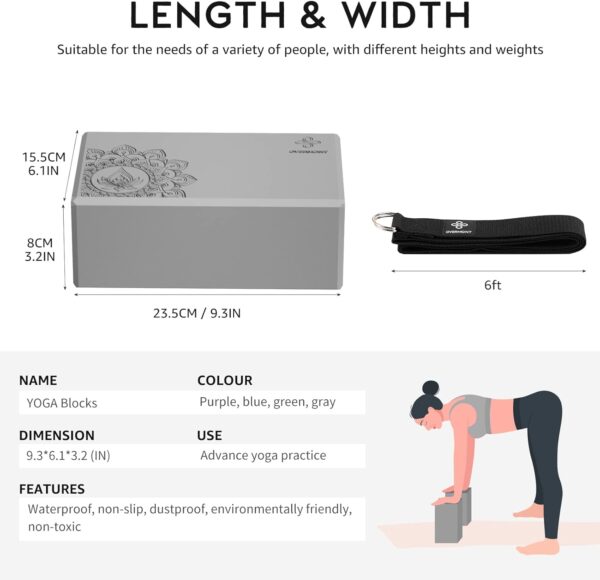 Overmont Yoga Block 2 Pack Supportive Latex-Free EVA Foam Soft Non-Slip Surface for General Fitness Pilates Stretching and Meditation 9"x6"x3" Yoga Strap Included - Image 6