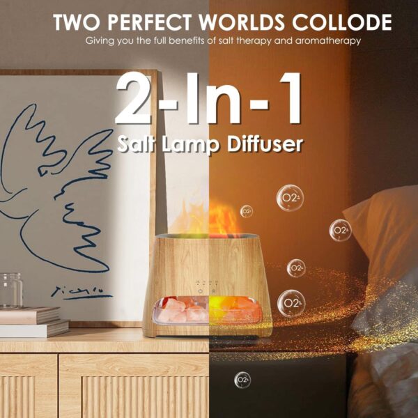 SALKING 2-in-1 Ultrasonic Essential Oil Diffuser & Himalayan Salt Lamp, Aromatherapy Diffuser Cool Mist Humidifier with Auto Off Function, 100% Pure Himalayan Pink Salt Rock, 150ml (Wooden Grain) - Image 4