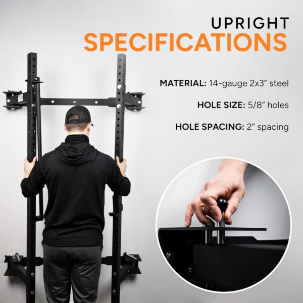 PRx Performance Wall Mounted Folding Power Squat Rack - Heavy Duty Adjustable Pull Up Bar, Space Saving Home Gym Equipment with Durable J-Cups, Ideal for Weight Lifting and Strength Training - Black - Image 4