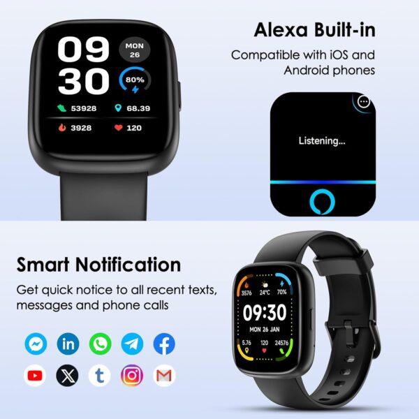 Smart Watch, 1.83" Touch Screen Smartwatch with Alexa Built-in IP68 Waterproof, Pedometer,Fitness Tracker with 100 Sports Modes Heart Rate/SpO2/Stress/Sleep Monitor for Men and Women - Image 4