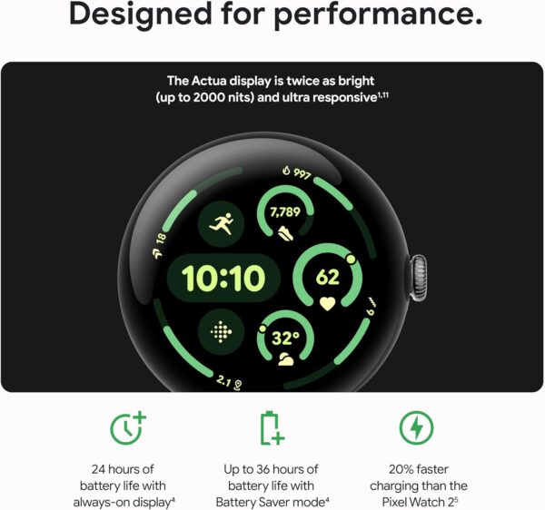 Google Pixel Watch 3 (45mm) Latest Model - Android Smartwatch, Heart Rate Tracking, Fitbit Advanced Running, Fitness Insights, 24-Hour Battery - Matte Black Aluminum Case - Obsidian Band - Wi-Fi - Image 4
