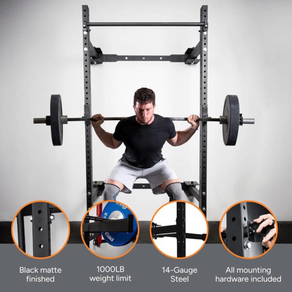 PRx Performance Wall Mounted Folding Power Squat Rack - Heavy Duty Adjustable Pull Up Bar, Space Saving Home Gym Equipment with Durable J-Cups, Ideal for Weight Lifting and Strength Training - Black - Image 7
