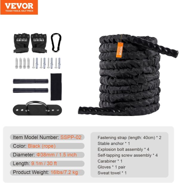 VEVOR Battle Rope, 1.5 Inch Diameter 30Ft Length Polyester Exercise Rope, Battle Exercise Equipment with Protective Sleeve & Anchor, Heavy Weighted Rope for Home Gym Workout Core Strength Training - Image 8