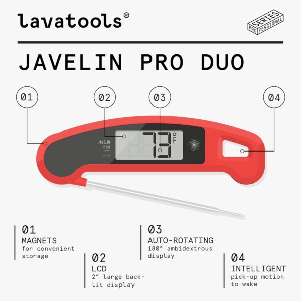 Lavatools Javelin® PRO Duo Ultra-Fast 1-Second Professional Digital Instant Read Meat Thermometer for Grill and Cooking, Auto-Rotating Backlit Display, IP65 Water Resistant, NSF Certified – Maize - Image 4