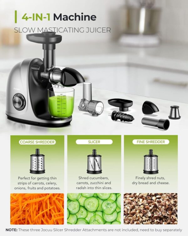 Jocuu Slow Masticating Juicer Machines with Soft Hard Modes Easy to Clean Quiet Motor & Reverse Function, Cold Press Juicer for Fruit & Vegetable, 90% Juice Yield, with Brush & Recipes (Grey) - Image 7