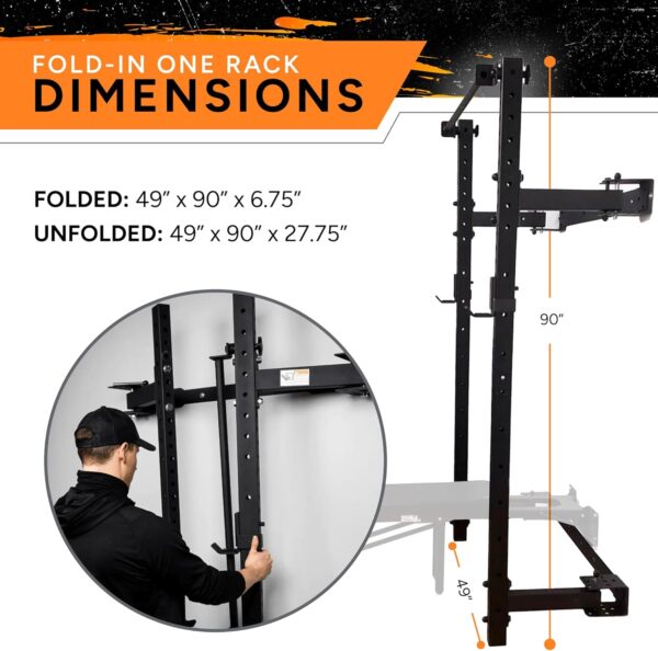 PRx Performance Wall Mounted Folding Power Squat Rack - Heavy Duty Adjustable Pull Up Bar, Space Saving Home Gym Equipment with Durable J-Cups, Ideal for Weight Lifting and Strength Training - Black - Image 3