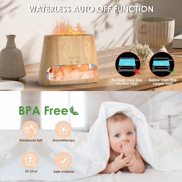 SALKING 2-in-1 Ultrasonic Essential Oil Diffuser & Himalayan Salt Lamp, Aromatherapy Diffuser Cool Mist Humidifier with Auto Off Function, 100% Pure Himalayan Pink Salt Rock, 150ml (Wooden Grain) - Image 7