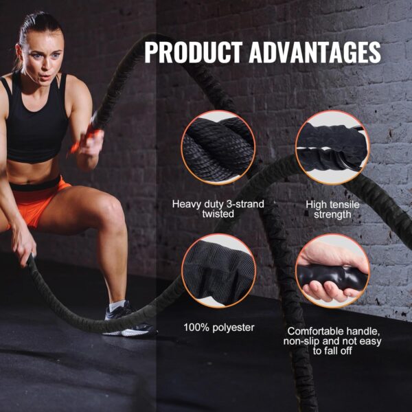 VEVOR Battle Rope, 1.5 Inch Diameter 30Ft Length Polyester Exercise Rope, Battle Exercise Equipment with Protective Sleeve & Anchor, Heavy Weighted Rope for Home Gym Workout Core Strength Training - Image 4