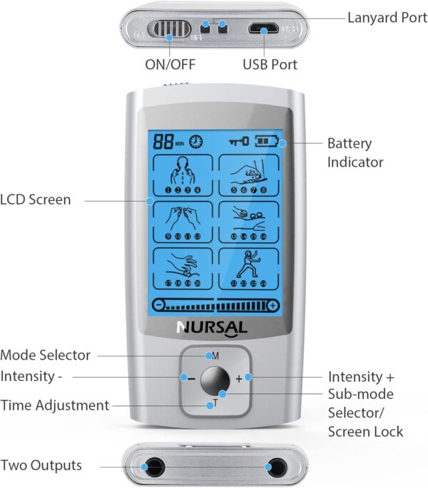 NURSAL 24 Modes TENS Unit Muscle Stimulator with Continuous Stimulation, Rechargeable Electronic Pulse Massager with 8 Pads for Back and Shoulder Pain Relief and Muscle Strength - Image 6