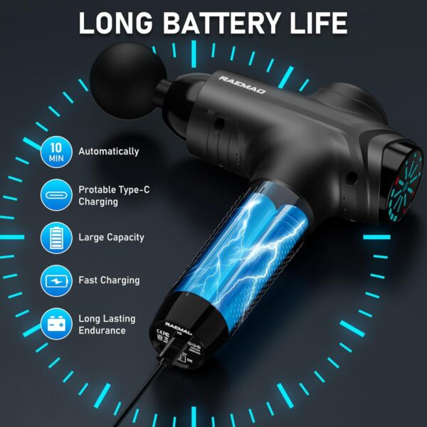 RAEMAO Massage Gun, Handheld Electric Deep Tissue Muscle Massager for Athletes for Pain Relief Attaching 8 Replacement Heads, Percussion Massager with 10 Speeds, Mothers Day Gifts, Black - Image 6