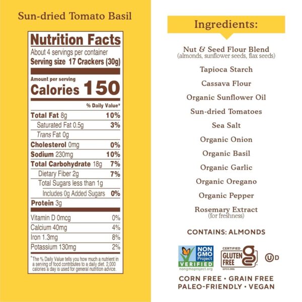 Simple Mills Almond Flour Crackers, Sundried Tomato & Basil - Gluten Free, Vegan, Healthy Snacks, Plant Based, 4.25 Ounce (Pack of 1) - Image 5