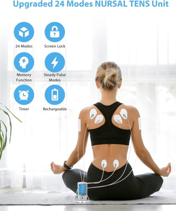 NURSAL 24 Modes TENS Unit Muscle Stimulator with Continuous Stimulation, Rechargeable Electronic Pulse Massager with 8 Pads for Back and Shoulder Pain Relief and Muscle Strength - Image 5