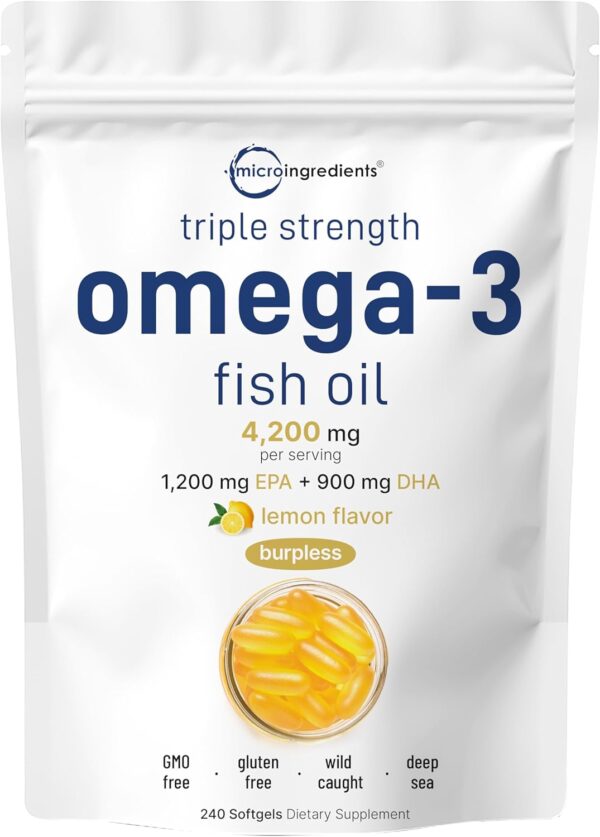 Triple Strength Omega 3 Fish Oil Supplements 4200mg Per Serving, 240 SoftgelS – Lemon Flavored – Burpless (Enteric-Coated) | EPA 1200mg + DHA 900mg | Deep Sea Fish, Wild Caught from Norwegian Waters - Image 2