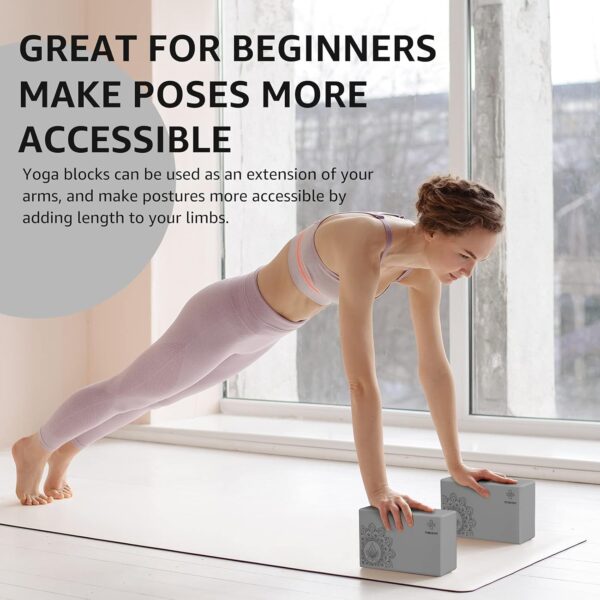Overmont Yoga Block 2 Pack Supportive Latex-Free EVA Foam Soft Non-Slip Surface for General Fitness Pilates Stretching and Meditation 9"x6"x3" Yoga Strap Included - Image 3