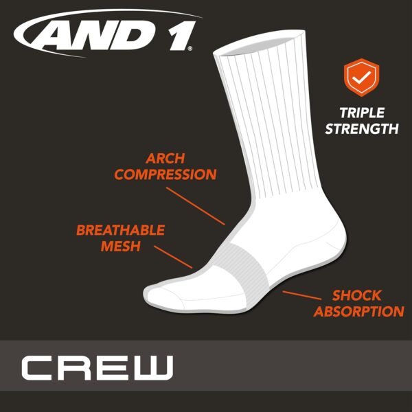 AND1 Men's Crew Socks - 12 Pack Performance Cushion Comfort Crew Socks - Breathable Athletic Socks for Men (6-12.5) - Image 3